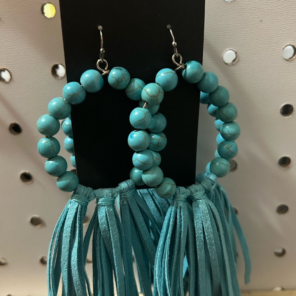 Turquoise Beaded Hoop Earrings with Tassels